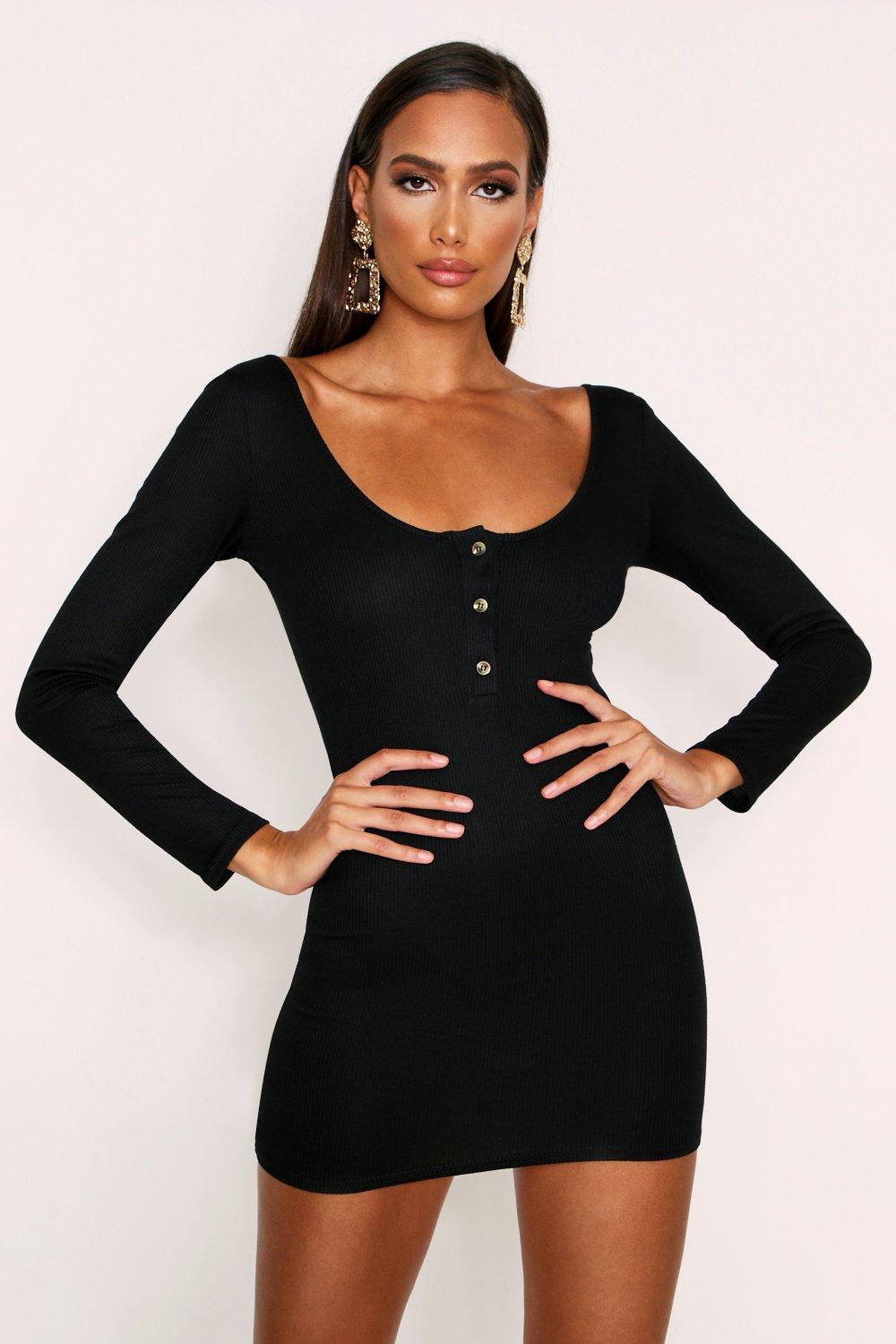 Button Front Ribbed Long Sleeve Mini ...